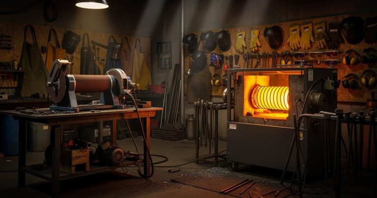 Atelier de forge avec four à induction et meuleuse à bande éclairé par des lampes industrielles