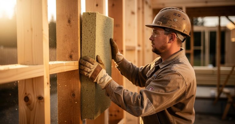 Panneau isolant en fibre de bois sur ossature en chantier de rénovation