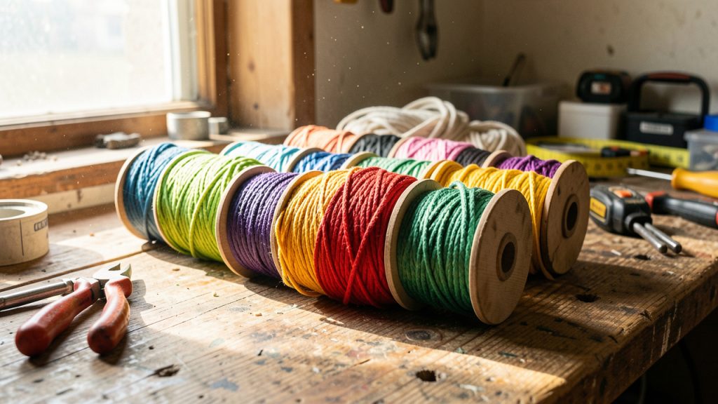 Bobines de cordages variés posées sur un établi de bricolage, dans un atelier lumineux, avec des outils et des textures très réalistes.