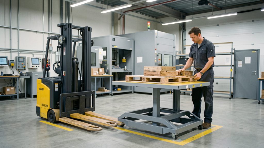Atelier logistique industriel propre avec transpalette et table élévatrice en position de contrôle technique, ambiance éclairage LED froid, acier gris et touches jaunes de sécurité.