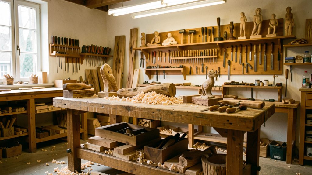 Atelier lumineux de sculpture sur bois avec établi robuste, copeaux au sol, outils soigneusement rangés et rangements muraux organisés.