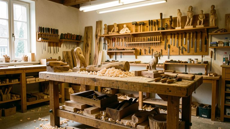 Atelier lumineux de sculpture sur bois avec établi robuste, copeaux au sol, outils soigneusement rangés et rangements muraux organisés.