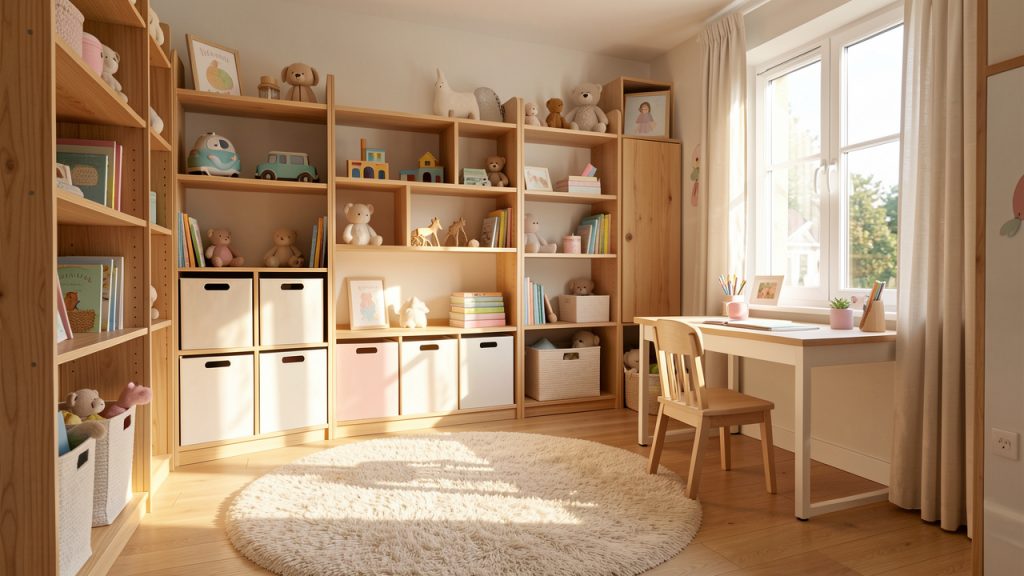 Chambre d’enfant lumineuse avec rangements en bois, un bureau adapté, et un tapis doux, ambiance chaleureuse et pratique.