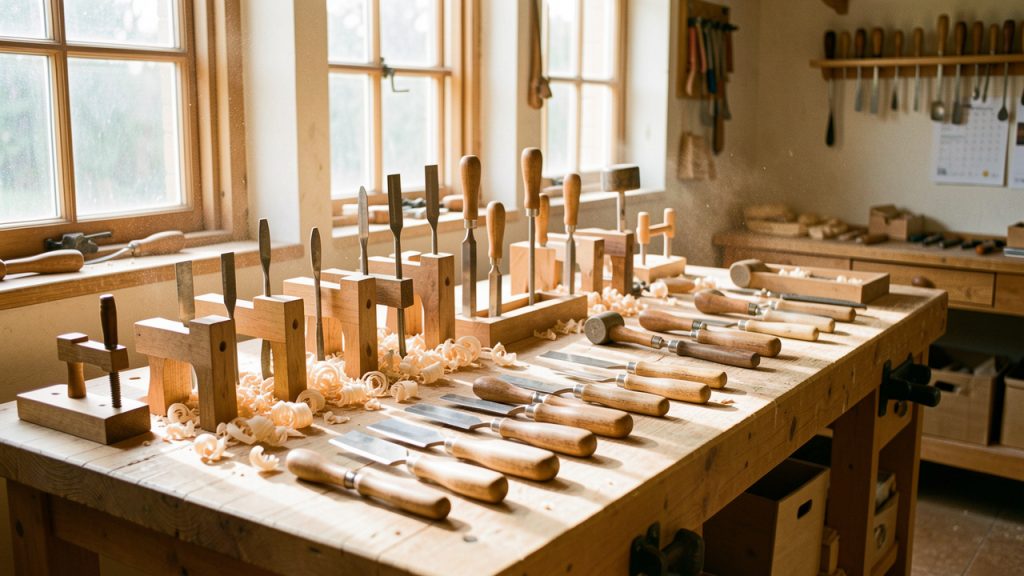 Atelier lumineux de sculpture sur bois avec un établi bien organisé, des copeaux, des serre-joints et des outils soigneusement rangés.