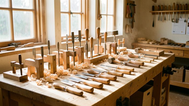 Atelier lumineux de sculpture sur bois avec un établi bien organisé, des copeaux, des serre-joints et des outils soigneusement rangés.