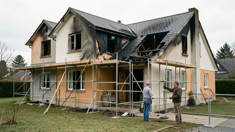 Maison individuelle endommagée par un incendie, sécurisée par des barrières de chantier, avec un expert et un artisan examinant la façade.