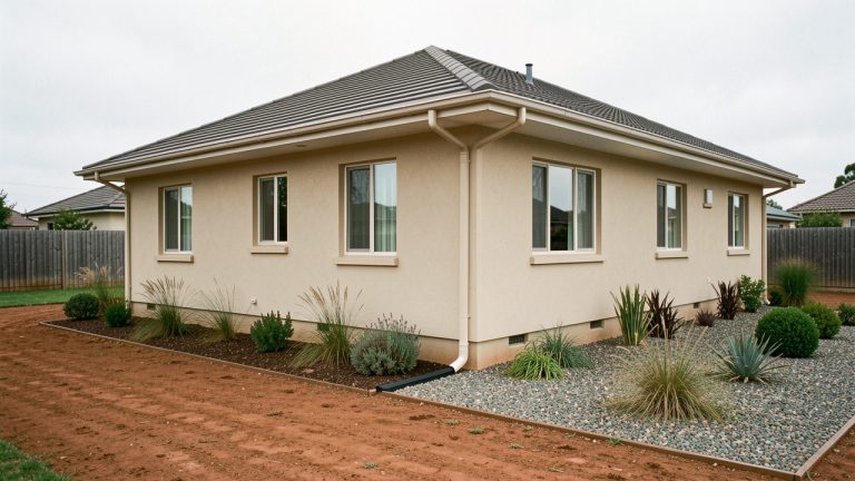 Vue réaliste d’une maison individuelle rénovée sur un terrain argileux, avec des gouttières et descentes d’eau éloignant les eaux de pluie des fondations, entourée d’un jardin sobre.