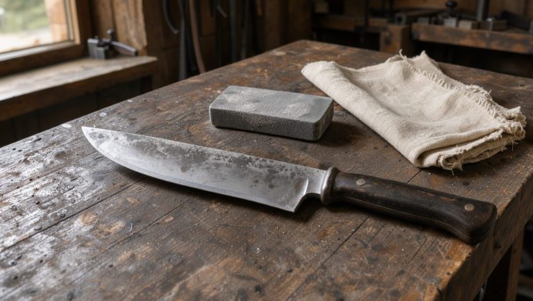 Couteau de cuisine ancien posé sur un établi de forge, avec une lame légèrement patinée, une pierre à aiguiser et un chiffon dans la lumière naturelle d’un atelier artisanal.