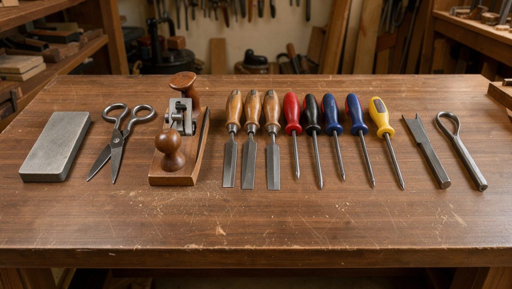 Établi de bricolage lumineux avec pierre à aiguiser, ciseaux, rabot et outils métalliques soigneusement rangés.