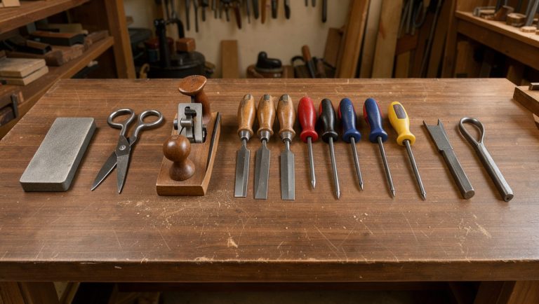 Établi de bricolage lumineux avec pierre à aiguiser, ciseaux, rabot et outils métalliques soigneusement rangés.