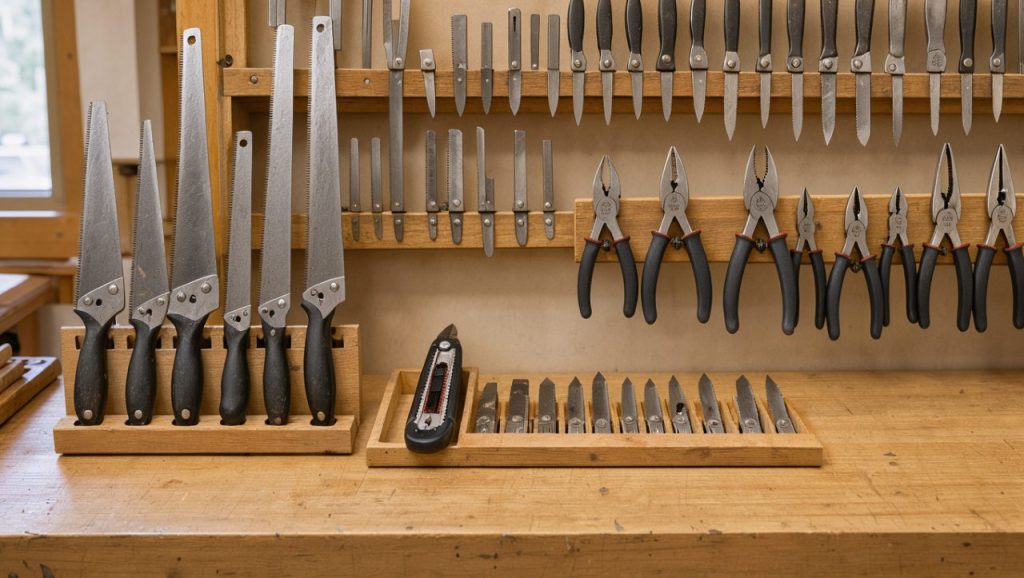 Établi de bricolage lumineux avec scies, cutter, pinces et lames soigneusement rangés dans des supports en bois.