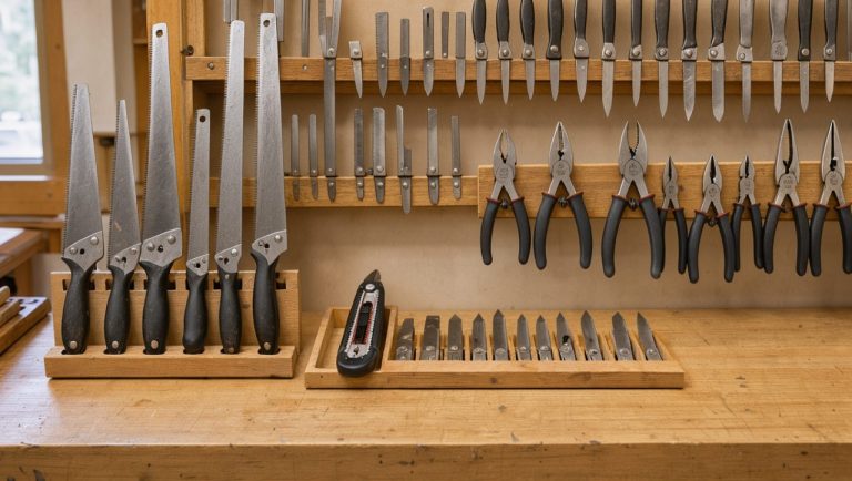 Établi de bricolage lumineux avec scies, cutter, pinces et lames soigneusement rangés dans des supports en bois.