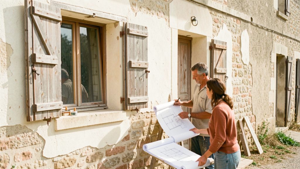 Ancienne maison provençale à la façade claire et aux volets en bois, en cours de rénovation par deux artisans, avec des plans de chantier posés à proximité.